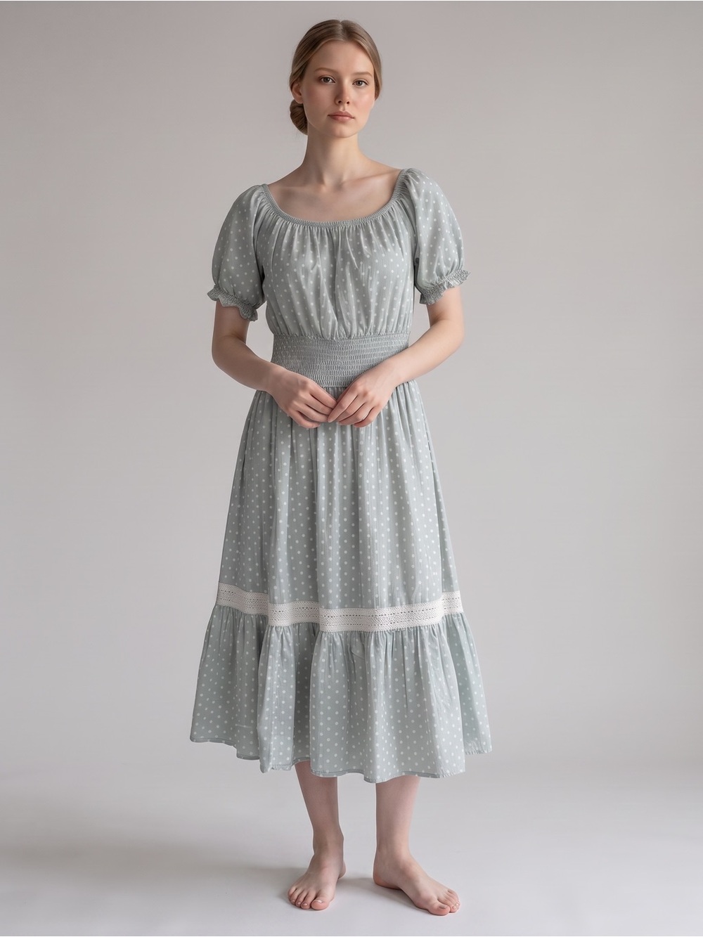 Olga Malyaeve Peasant Prairie Boho Smocked Waist Light Blue Polka Dot Midi Dress